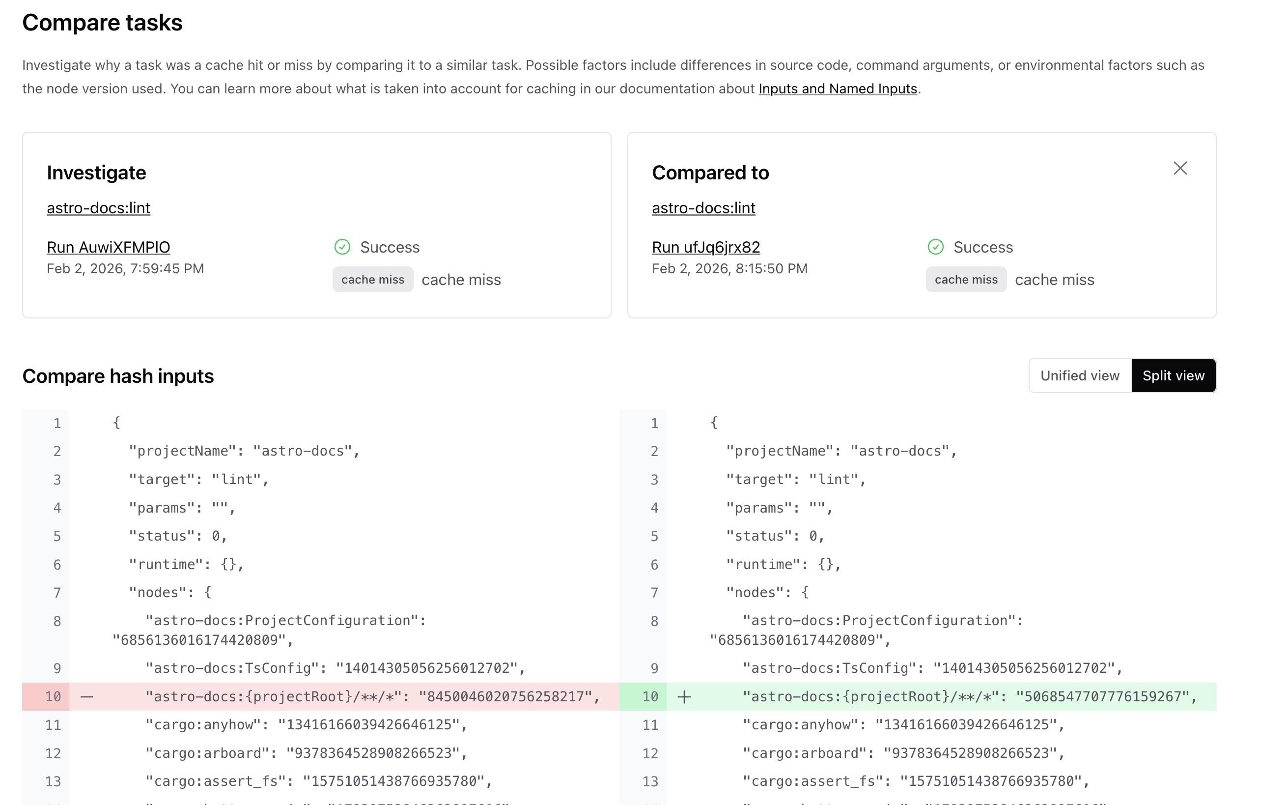 Compare tasks diff view showing hash input differences between two task runs